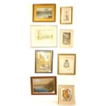 A collection of eight various framed watercolours that include coastal landscapes and portraits,