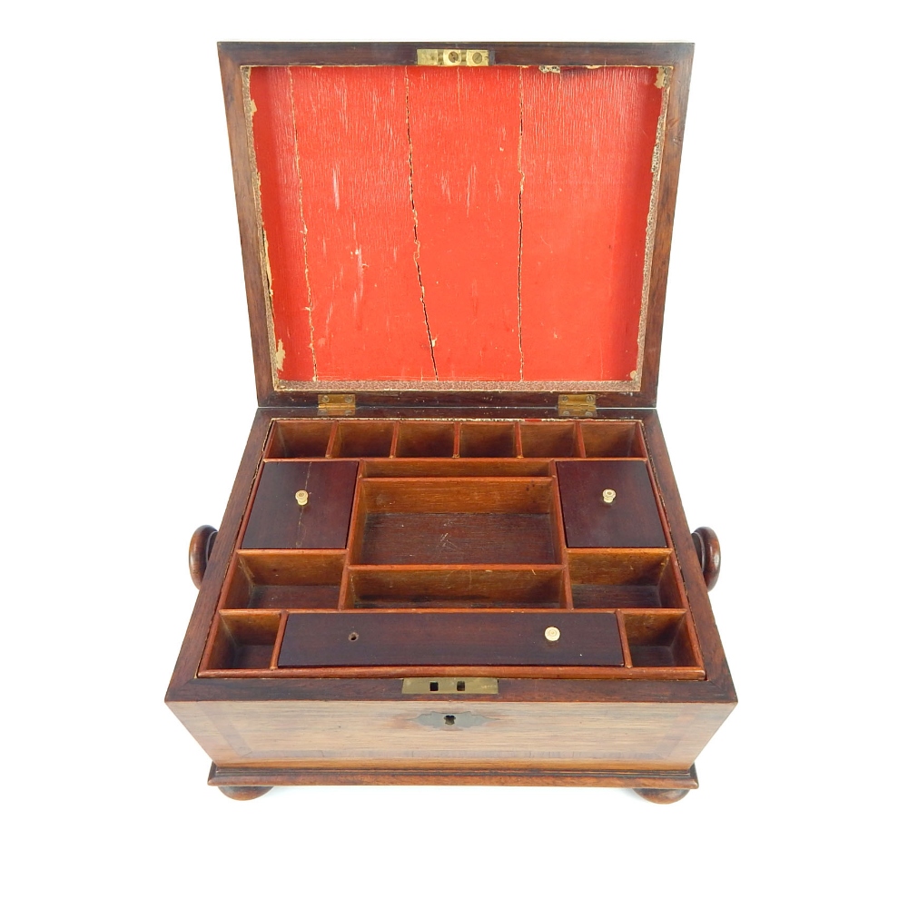 French Empire sewing box, rosewood, brass tablet to E Dix 1831, turned handles, fitted tray, bun