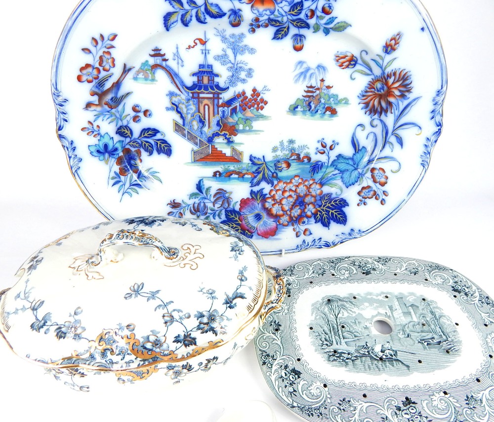 19th C ceramics, serving platter with pagoda decoration marked Ciris No 1492, 51cm w, a Rhine - Image 2 of 6