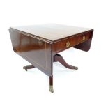 George III lounge table, mahogany with chevron banding, drop flaps, twin drawers, quadripartite legs