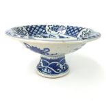 Chinese blue and white porcelain stem bowl, dragon design to centre amongst stylised could design,