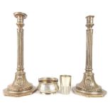 German silver candlesticks, mistletoe decoration, stamped 800, German silver beaker and a Russian