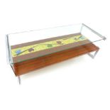 Mid 20th C coffee table, glass over tile and wood shelf, tiles ESBE?, chrome frame, 39 x 122 x 50cm