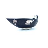 Indian silver & ebony sauce boat with silver handle & base decorated with silver elephants