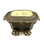 Early 19th C Regency toleware wheeled coal cart / log box / purdonium, japanned gilt decoration,
