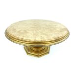 Gilded Italian style coffee table, brown variegated marble insert, fluted leaf stem, octagonal foot,