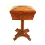 Mid 19th century teapoy, flame mahogany, later lining, tapering hexagonal stand, quadripartite