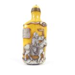 Snuff bottle, Peking glass, yellow into white glass bat, figure, man on horseback, character