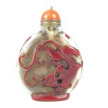 Peking glass snuff bottle, red kylin dragon decoration, 7cm h