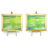 In the manner of Monet, unsigned pair of lily pond water studies, oil on canvas, 91.5 x 115cm, 1960s