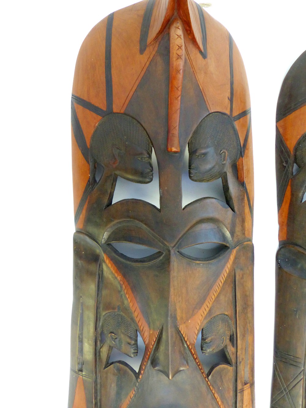 Pair of large African figural carved hardwood tribal wall masks, 90cm high (2) - Image 3 of 7