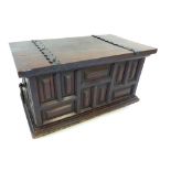 Continental blanket box, stained hardwood, geometric panel decoration, cast iron ring handles,