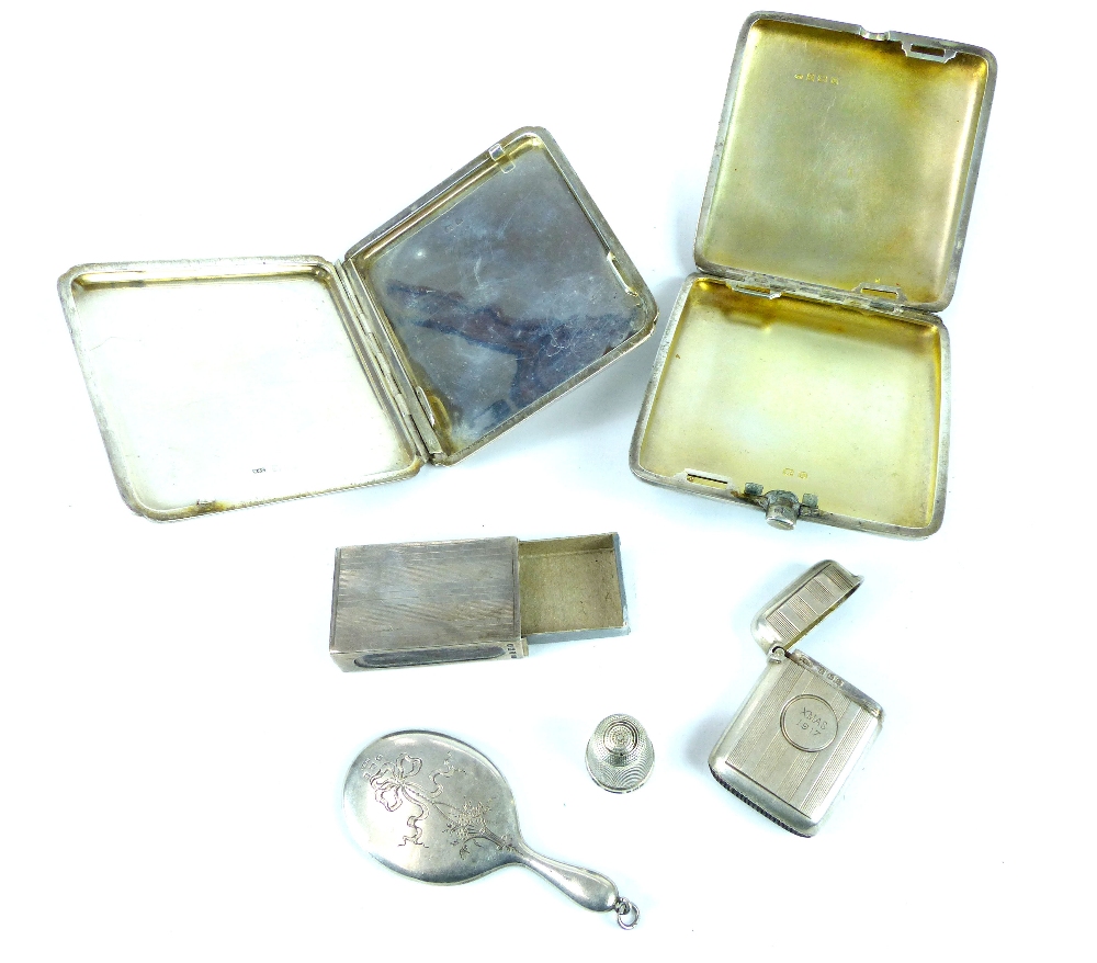 Two silver marked cigarette cases, Birmingham 1927 & 1934, a Vesta case Birmingham 1909, matchbox - Image 2 of 3