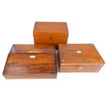 Two 19th/20th C rosewood jewellery box, an oak correspondence box and a rosewood writing slope