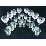 Set of eight Irish Waterford wine hock glasses, and other port and glassware inc German tots