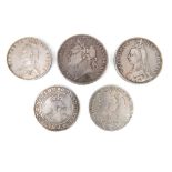 Five coins: silver Edward VI shilling c 1553, bust facing rose,