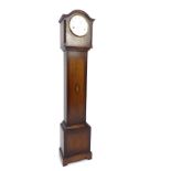 Grandmother clock, oak case, c 1930, barleytwist columns flanking white metal dial, 17cm dia,