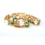 Yellow gold, diamond, pearl and emerald link bracelet,