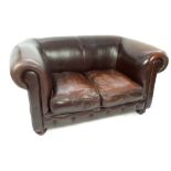 Chunky roll arm leather study sofa, twin seat,