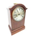 Late 19th C mantel clock, mahogany arch case, brushed metal face with Roman numerals, 12.