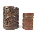 A Chinese exquisite bamboo brush pot carved with figures and trees,