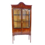 Edwardian display cabinet, arch top with floral trailing marquetry,