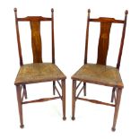 Pair of Art Nouveau rush seat chairs, mahogany frame, rounded finial,