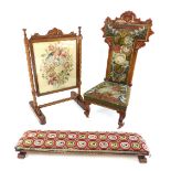 Prie dieu chair, 19th C walnut frame, Berlin bead tapestry, scroll feet and ceramic castors,