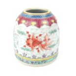 Chinese honey pot, shape brush pot, polychrome, decoration of flowers and fish, blue ink stamp to