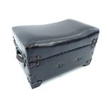 Black leather club box stool, brass rivets with leather staraps & handles, lift up lid for storage