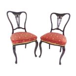 Pair of Victorian upholstered parlour chairs, shaped & pierced splats, leaf decoration, cabriole