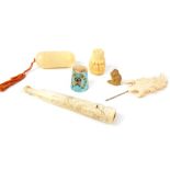 Japanese ivory cigarette holder with glass eye dragon detail, & other ivorine items & an enamel