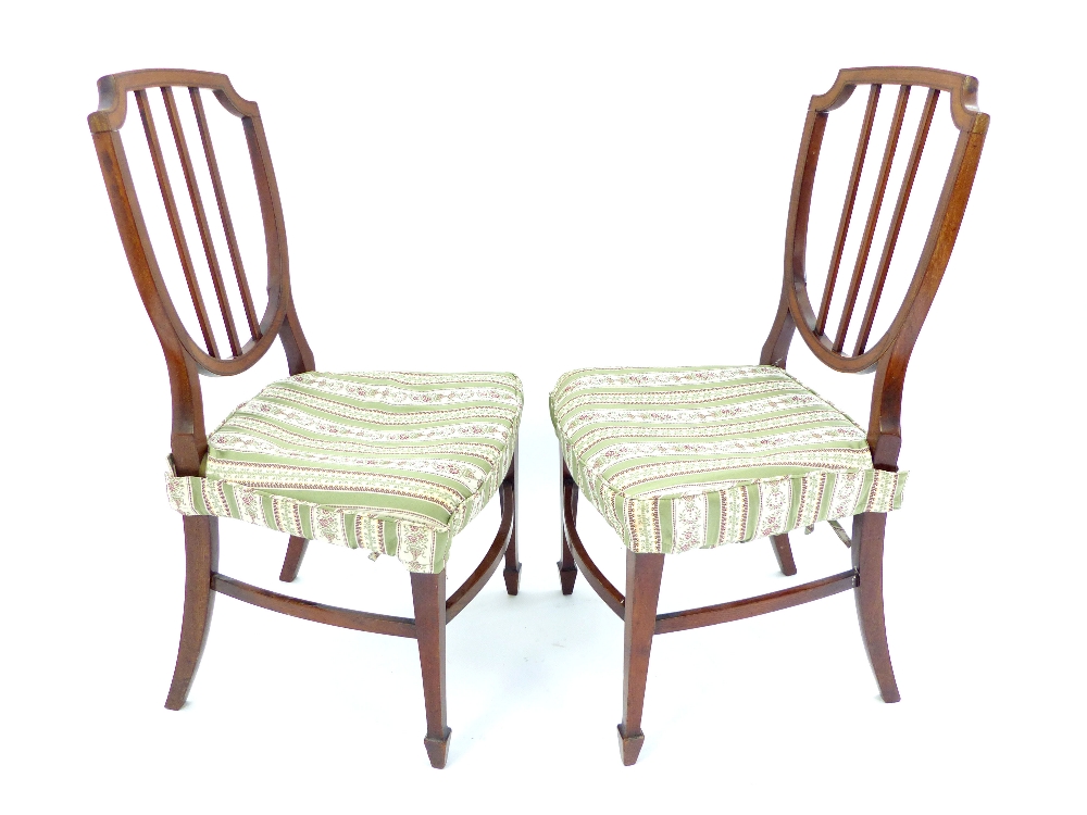 Pair of Regency style shield back salon chairs, c 1900, mahogany with embossed inlay, tapering box - Image 2 of 2