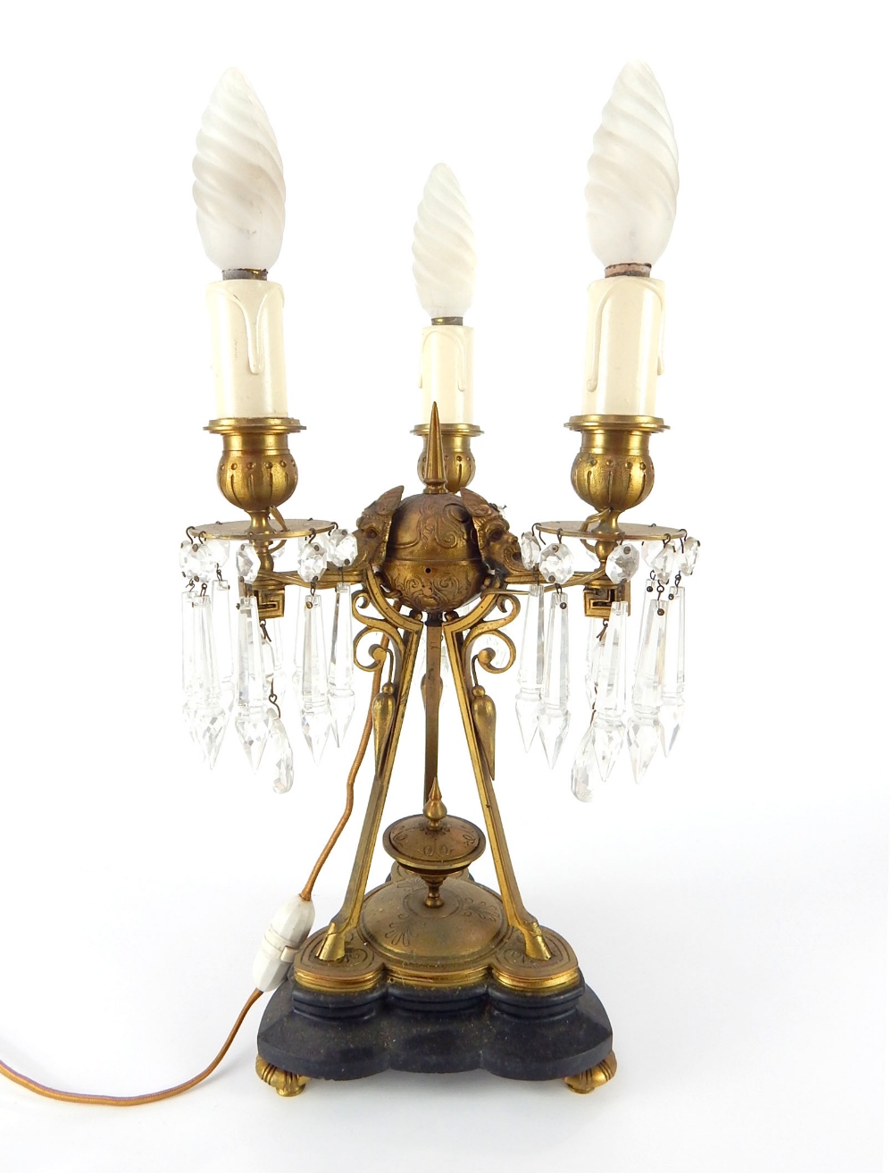 French late Empire tri-pot candelabra lustre, (converted light fitting) or to tear drop decoration