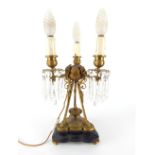 French late Empire tri-pot candelabra lustre, (converted light fitting) or to tear drop decoration