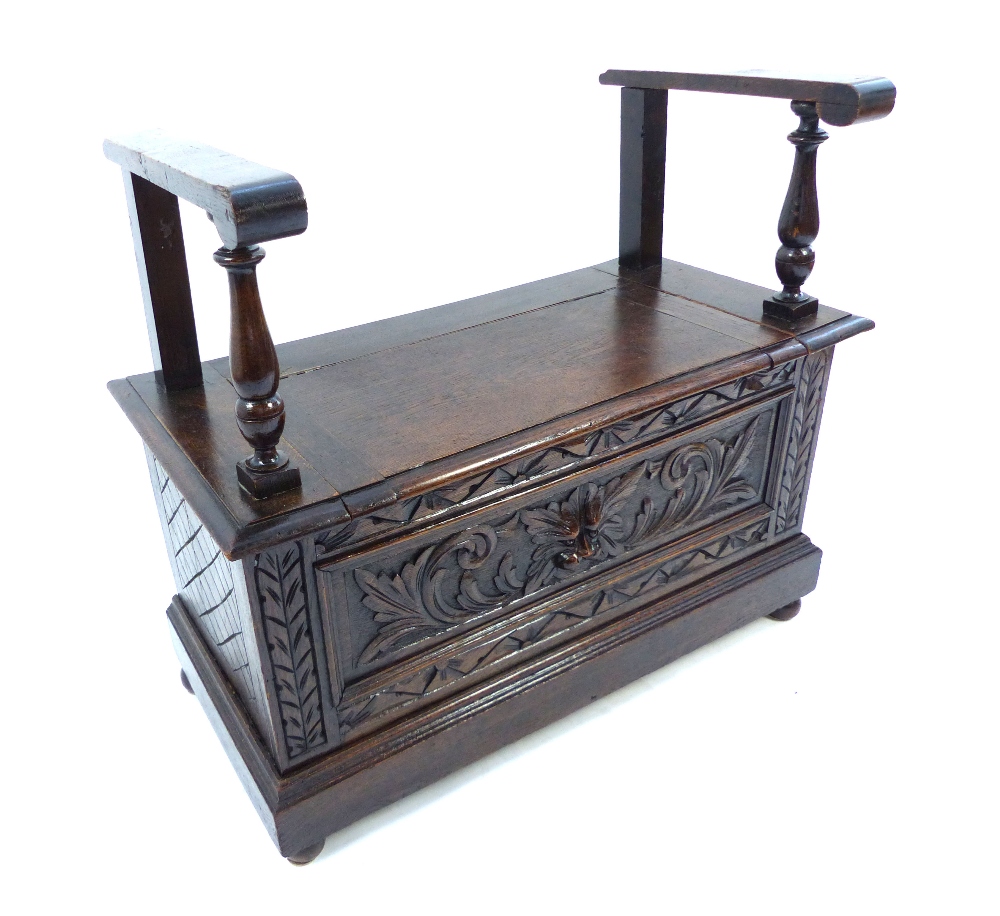 Jacobean style window box seat, oak, twin handles on turned supports, solid seat with storage - Image 2 of 3