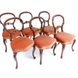 Set of six Victorian walnut balloonback chairs, scroll back rest, cabriole legs. (6)