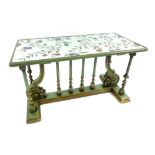 French mirrored centre table, hand painted floral decoration, four column legs, scroll supports with