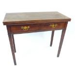 Georgian mahogany foldover tea table, twin drawers with brass handles, box legs c.1820, 85cm w