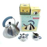 Alessi three piece coffee set comprising kettle, milk jug and sugar bowl