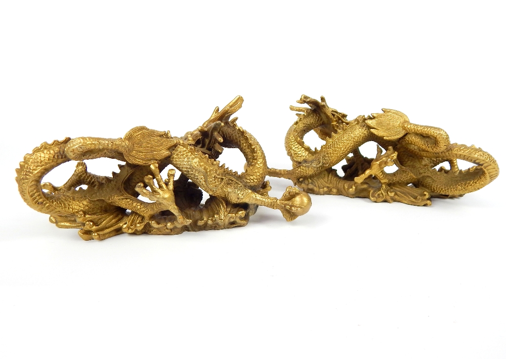 Pair of solid bronze Chinese dragons, open mouthed holding a captured golden pearl, gilded, 9x 21. - Image 4 of 4