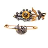 An unusual gold/silver and diamond flower brooch, sold together with gold/silver and diamond