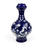 Chinese posy vase, blue & white glaze, bat & floral applied decoration, six blue ink character marks