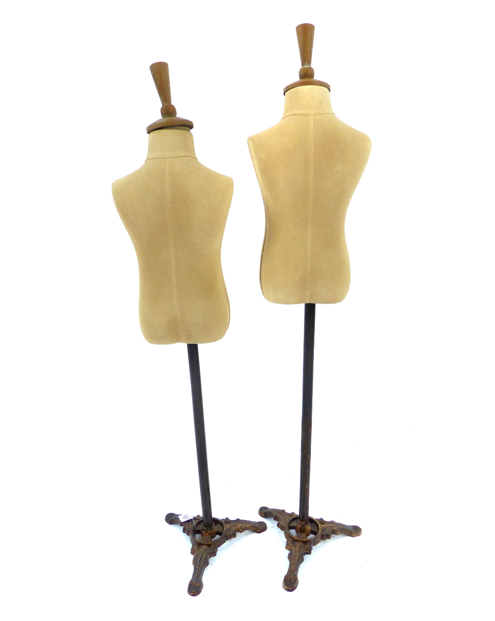 Pair of dressmaker's style mannequin torsos, calico covering, metal stand & legs, 107cm - Image 2 of 2