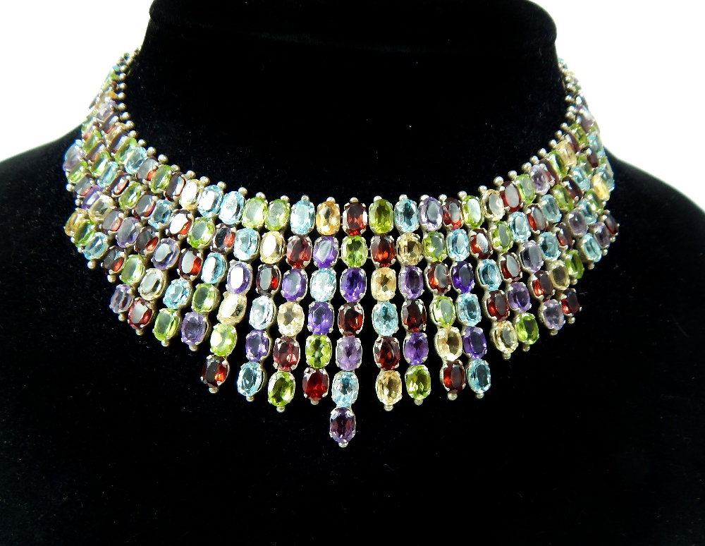 Contemporary silver multi stone choker, amethyst, citrine, blue topaz, garnet & peridot. 43.6cm l - Image 2 of 4