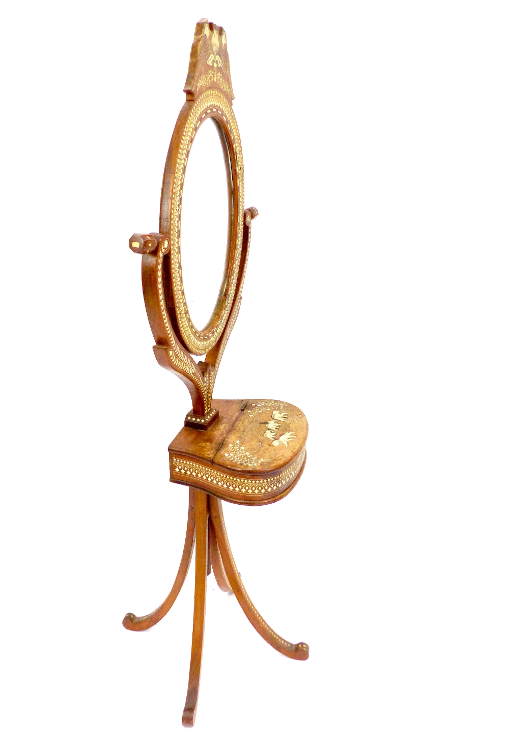 A late 19th century Anglo - Indian hardwood oval floor standing mirror, ivory inlaid geometric, - Image 2 of 6