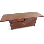 Oriental low altar table two drawers over cupboards, brass handles, mid 20thC, 197x 127x 40cm