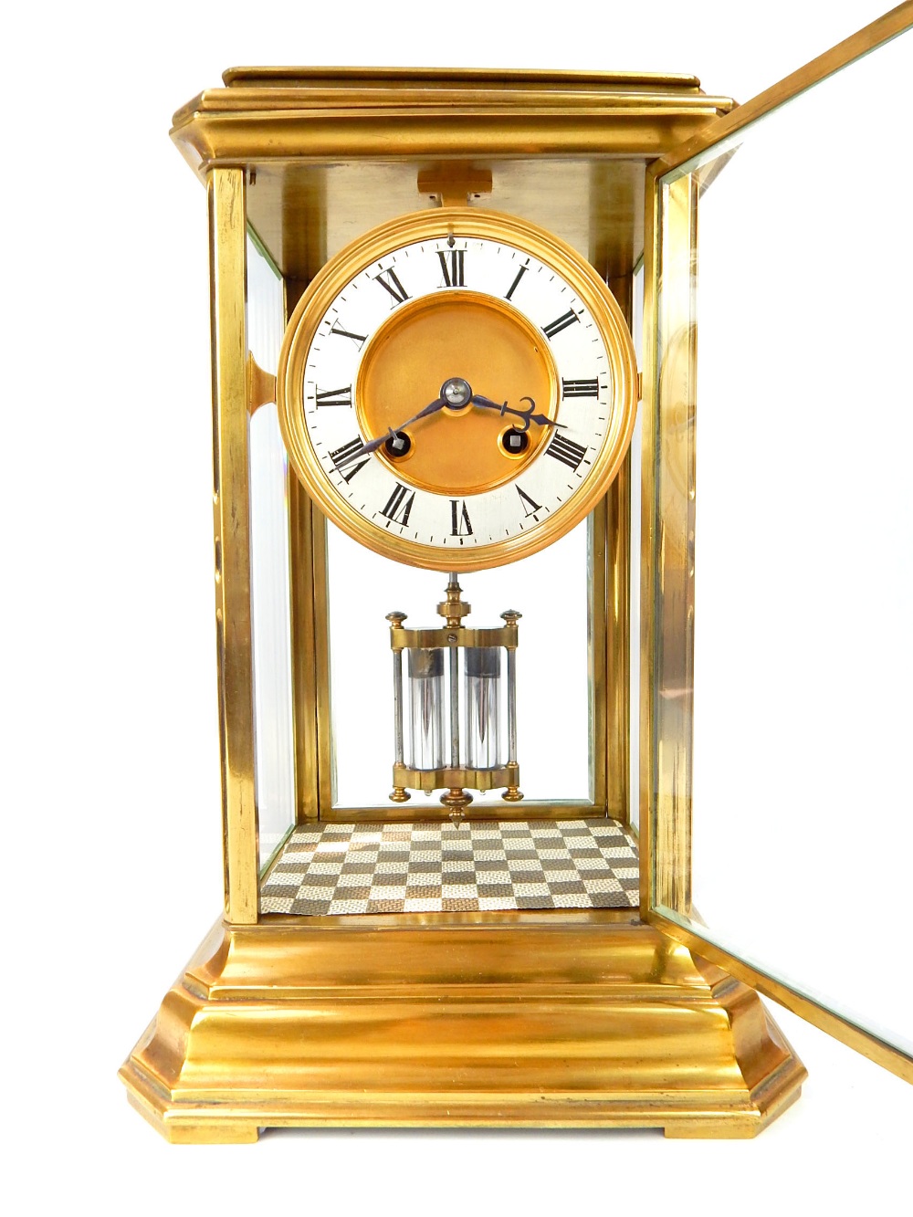 A late 19th century French brass and four glass mantel clock, white chapter ring with Roman - Image 2 of 4