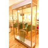 Shop display cabinet, double sliding doors, adjustable glass shelviing, 197x 127x 40cm