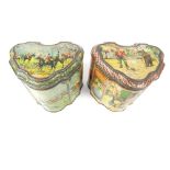 Two Huntley & Palmers biscuit tins, of serpentine form, one decorated with a fox hunting scene,